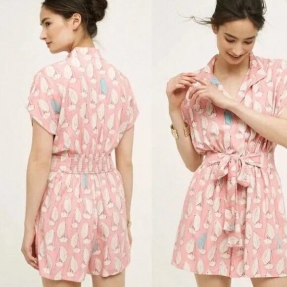 Anthropologie Maeve Tourista Sailboat & Anchor Pink Romper Nautical Size 4 - Picture 1 of 10